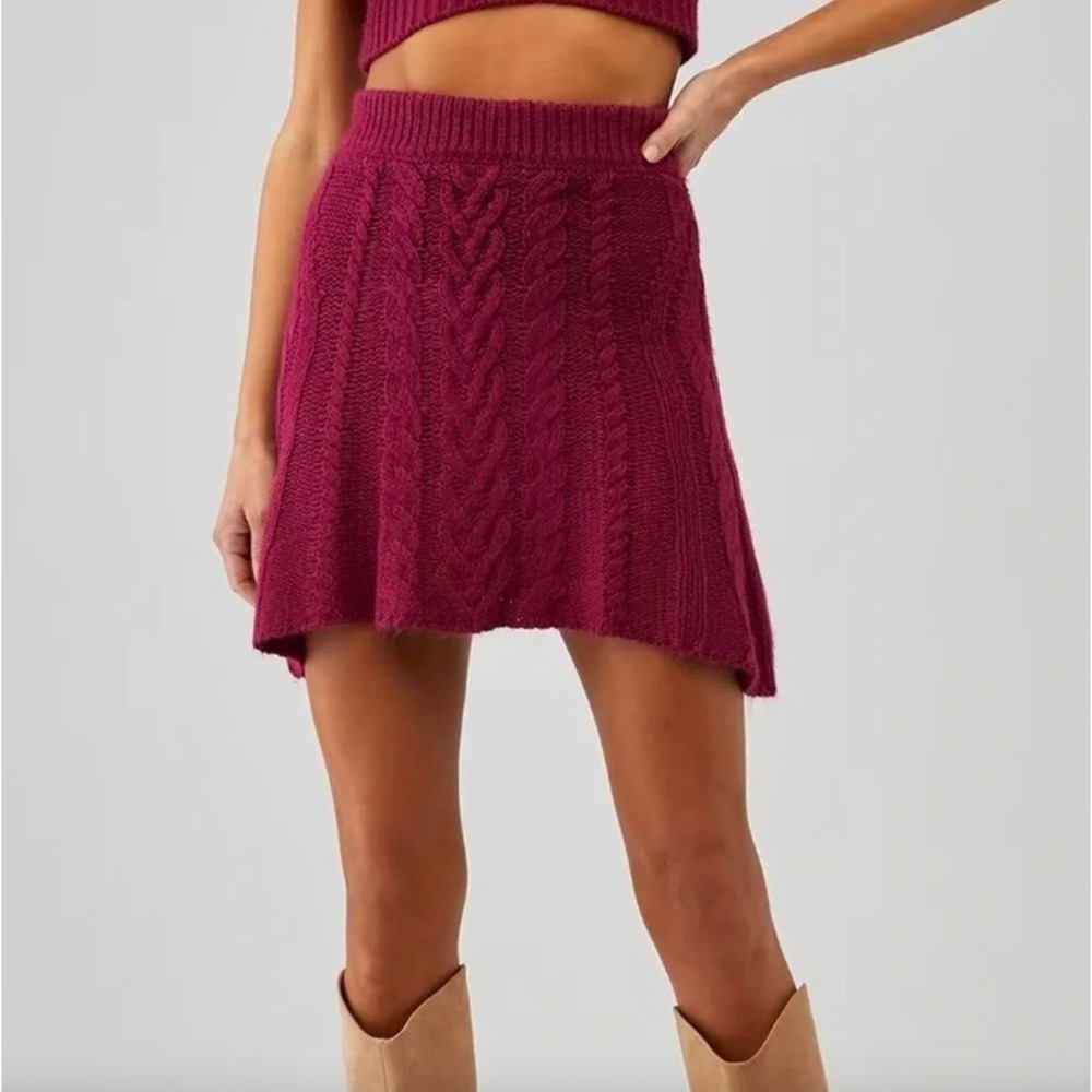 For Love and Lemons‎ Layton Cableknit Sweater Skirt Burgundy Size M Preppy Cozy